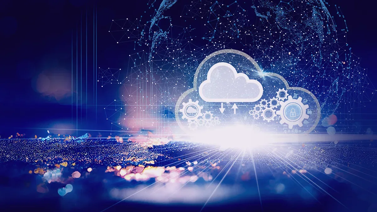 A vibrant graphic with a dark background, overlaid with a network of glowing blue lines and dots representing a global digital network. In the foreground, there’s a prominent white cloud symbol interlaced with gear icons, symbolizing cloud computing technology. This image visually represents the concept of edge computing as an extension or evolution of traditional cloud computing, posing an inquiry about its role in technological progression.