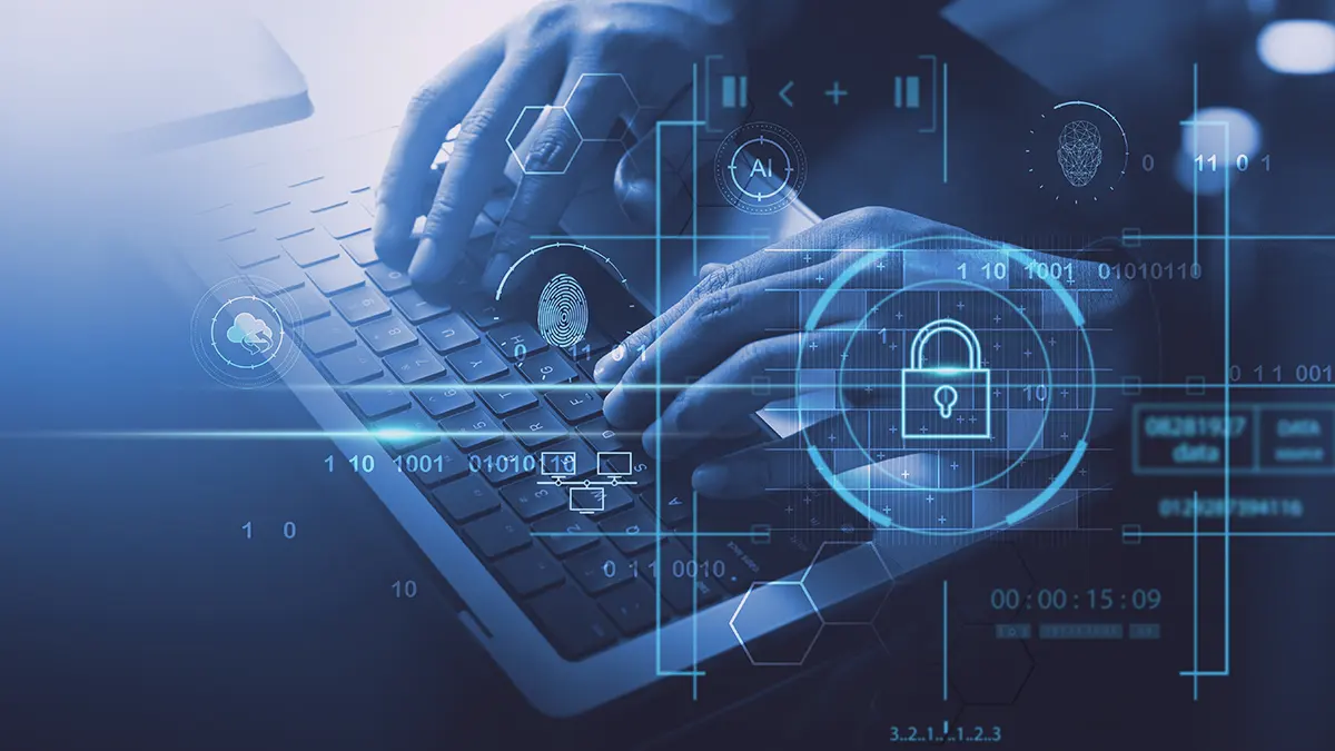 'image est un graphique numérique principalement dans des tons de bleu, présentant un mélange d'éléments technologiques et de sécurité. Sur le côté gauche, les mains sont positionnées au-dessus d'un clavier, symbolisant l'interaction ou le contrôle. L'arrière-plan est orné d'icônes numériques telles que des boucliers, des cadenas et des modèles de code binaire représentant la sécurité et le cryptage des données. Sur le côté droit de l'image se trouve une superposition d'un cadran d'horloge et de chiffres relatifs au temps suggérant une protection ou une surveillance en temps réel.