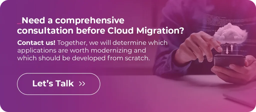 A person holding a smartphone with a cloud rising from the screen. The image promotes pre-cloud consultation and choosing between modernization and starting from scratch.