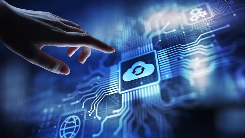 A hand reaching toward a digital interface with a glowing cloud synchronization icon, symbolizing cloud computing and data integration.