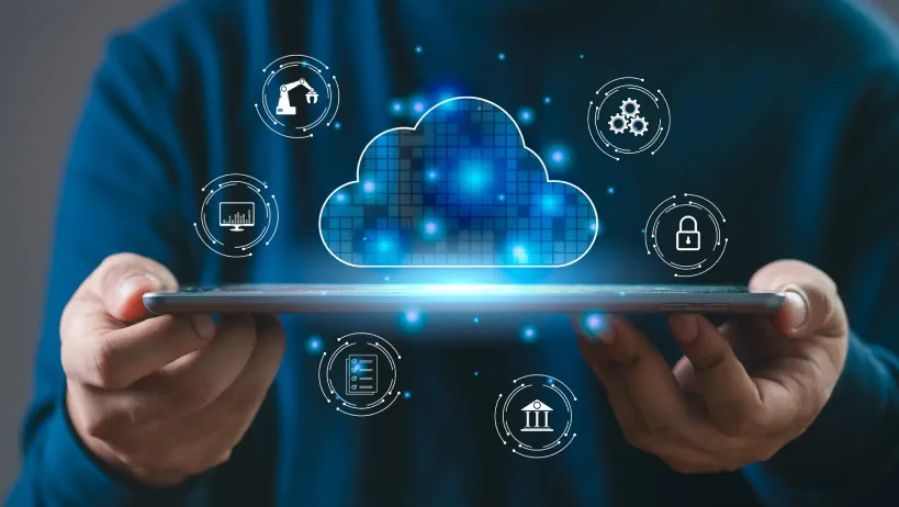 The graphic shows a hand holding a smartphone with a cloud icon on the screen. Digital charts, data and statistics are visible in the background, which alludes to cloud-based data management, referring to the Jira Cloud feature.