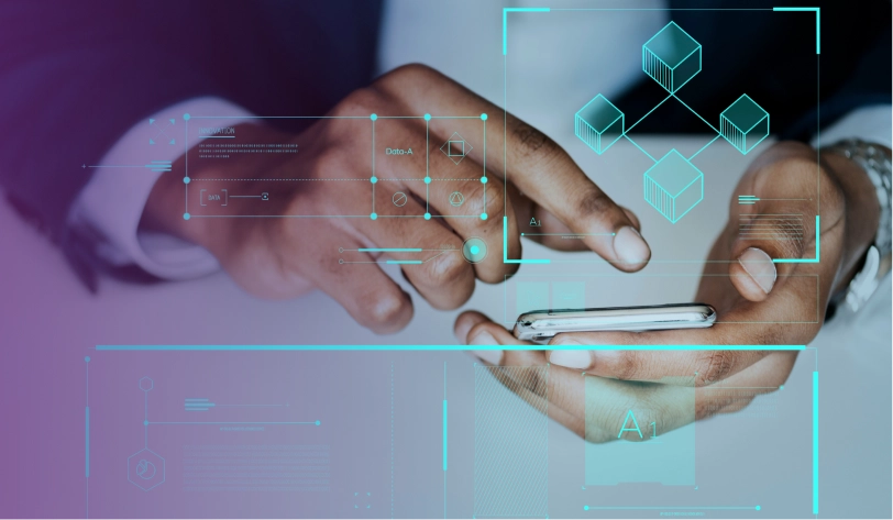 Person using a smartphone with digital blockchain interface graphics overlay, including cube structures, data nodes, and futuristic UI elements.