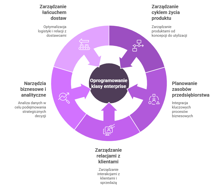 Schemat przedstawiający sześć głównych komponentów rozwiązań klasy enterprise: zarządzanie łańcuchem dostaw, cyklem życia produktu, zasobami przedsiębiorstwa, relacjami z klientami, analizą danych oraz rozwiązania analityczne — wszystkie zintegrowane w ramach jednego systemu.