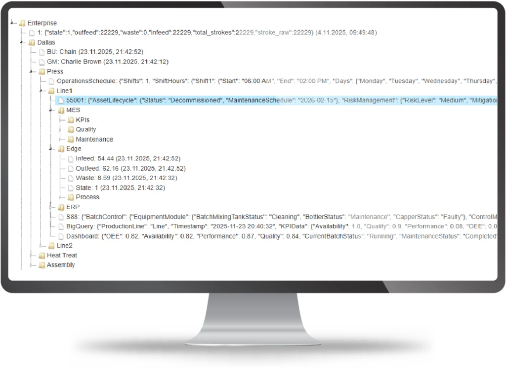 Unified Namespace data model displayed on a laptop, showing hierarchical industrial data structure used to break down data silos.