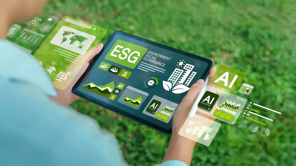 Energy management system dashboard combining ESG metrics, sustainability data, and AI-driven analytics in an industrial context
