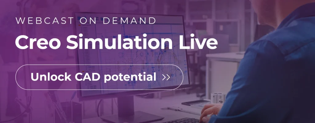 Open Graph Protocol image.In the background, a computer monitor displaying the project is visible. A gradient consistent with the visual identity of Transition Technologies PSC has been applied to the photo. The image shows the slogan: Webcast on Demand Creo Simulation Live Unlock CAD potential.