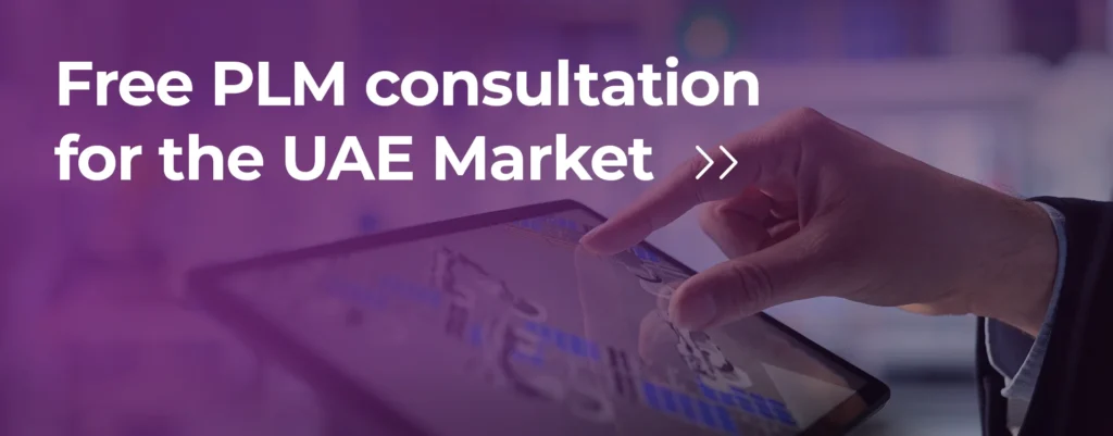 In the background, a tablet monitor and a woman's hand are visible, zooming in on the machine design displayed on the screen. A gradient consistent with the visual identity of Transition Technologies PSC has been applied to the photo. The image features the slogan: Free PLM consultation for the UAE market.