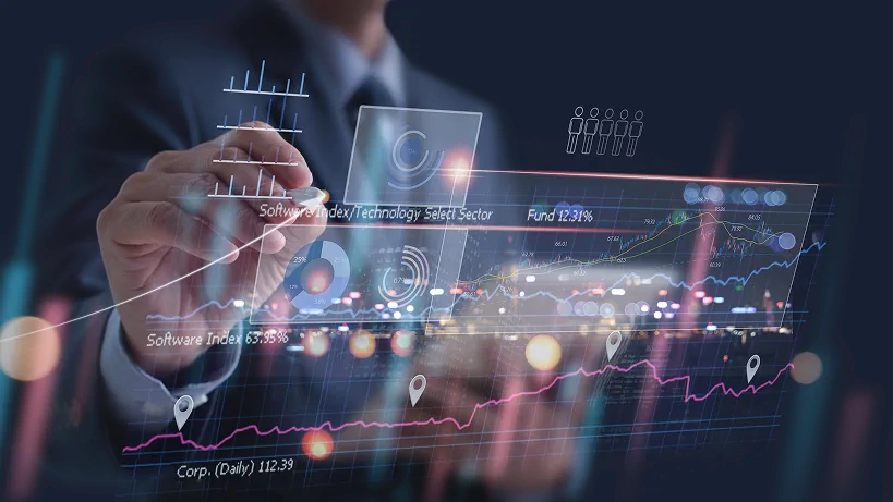 Data analyst presenting financial charts and analytics on a virtual screen.