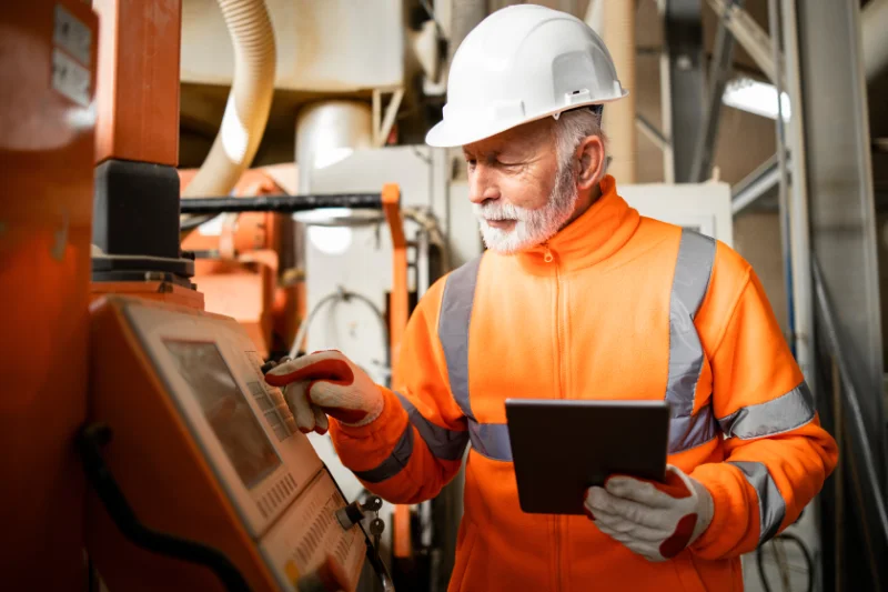 Senior engineer in a white hard hat and orange high-visibility jacket operating an industrial control panel while holding a tablet.