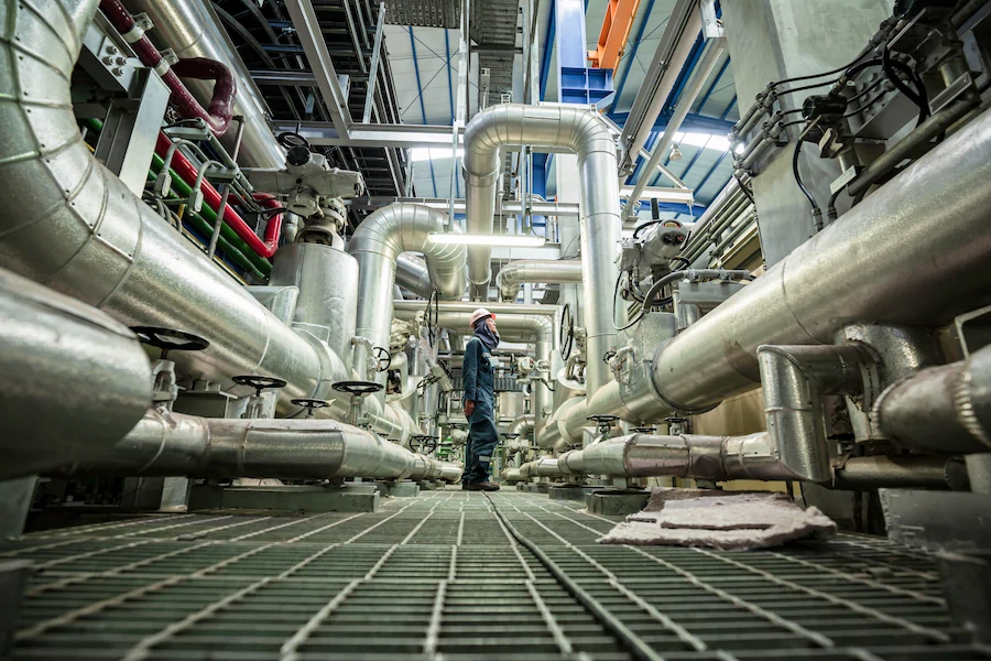 Mężczyzna ma być pracownikiem kontroli wzrokowej wewnątrz zaworu sterowni i elektrowni rurociągów