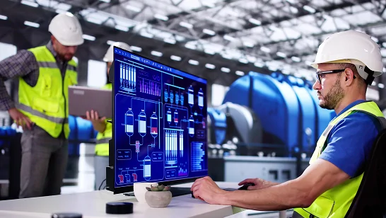 Workers in helmets and vests on the industrial floor monitoring data on a computer screen. Graphic from the presentation: Diagram comparing the range of functionality of PDM, PLM and advanced PLM systems used in companies