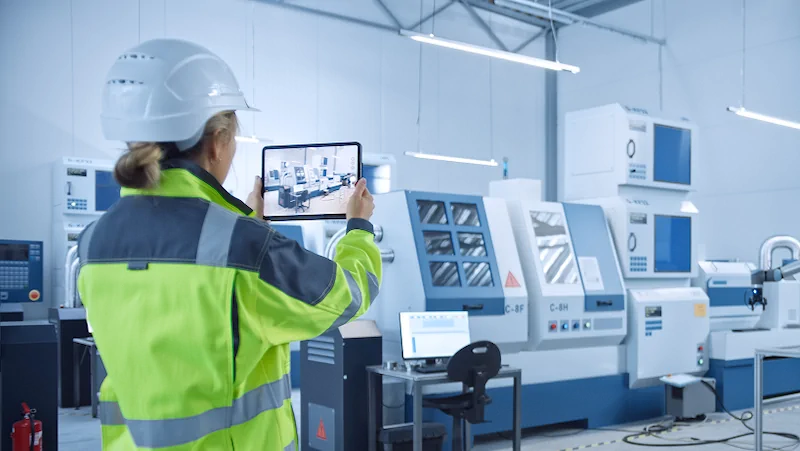 An industrial engineer wearing protective gear operates a machine control panel in a manufacturing plant. The display shows production metrics and performance graphs, illustrating real-time monitoring and OEE data tracking used in smart factory environments.