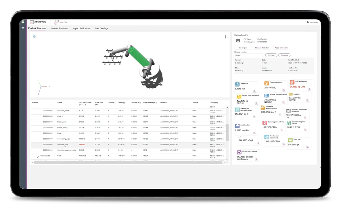 Software interface showing a robotic arm with detailed component list, each item's environmental impact such as CO2 emissions and water use.
