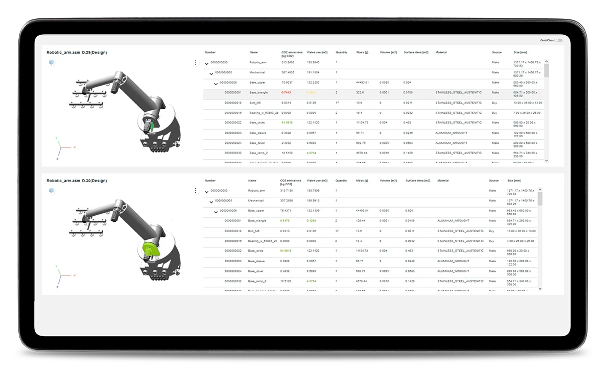 Screenshot showing a software interface with design and specification data for a robotic arm.