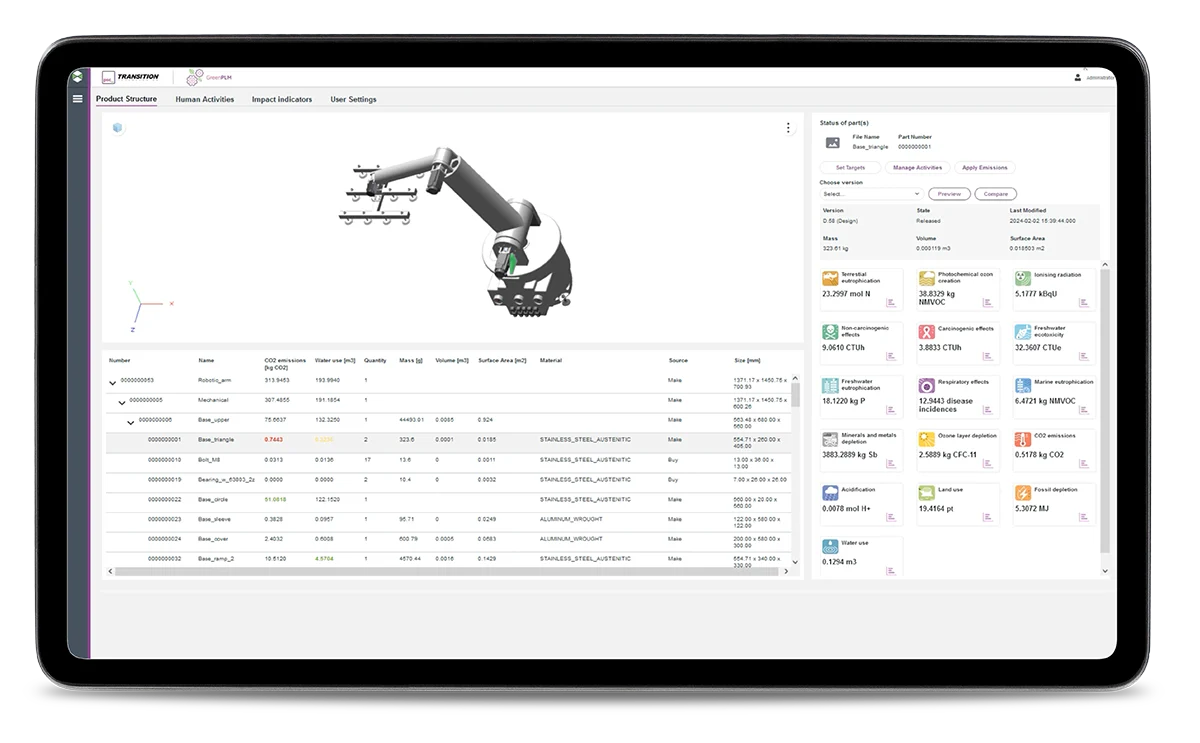 Software interface displaying a robotic arm and detailed environmental impact data for its components, including CO2 emissions and material usage.