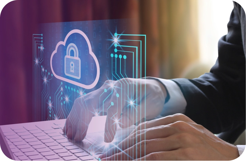 Person typing on a keyboard with a digital overlay of a cloud security lock icon and circuit lines.