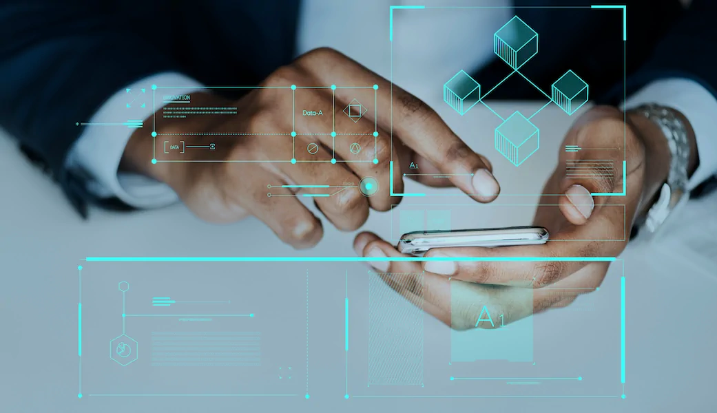 An illustration of a conceptual image of a digital supply chain: in the center is a large, abstract circle or globe symbolizing a network of data. Embedded around it are icons representing various stages (e.g., plane, truck, shopping cart, document, clock), as well as human figures working at screens with diagrams. Lines and arrows connect these elements, emphasizing the flow of information between them. The whole design is kept in a modern, colorful vector style