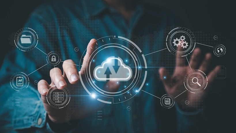 Cloud computing visualization with data and security icons.