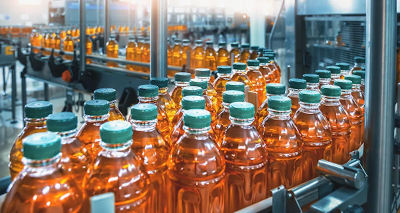 Rows of orange-colored plastic bottles with green caps on a conveyor belt in a brightly lit beverage factory, conveying efficiency and production.