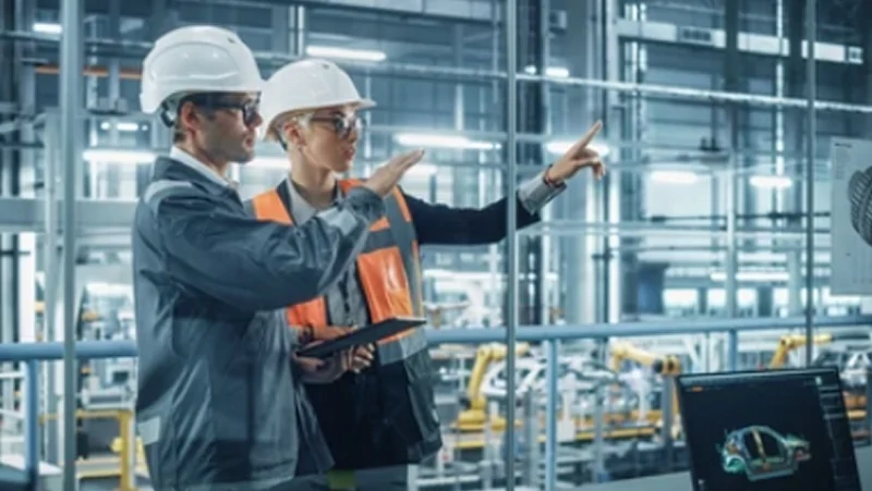 Two engineers in safety gear discuss plans in a modern car factory. One gestures toward machinery, conveying teamwork and innovation.