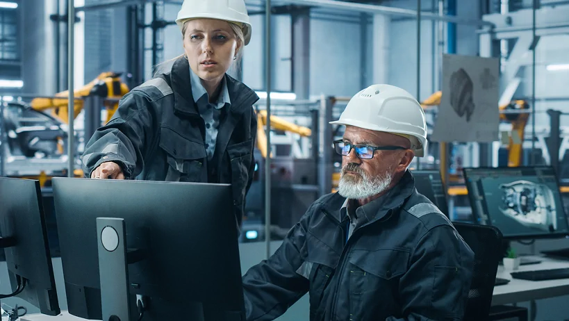 Zwei Ingenieure mit Schutzhelmen analysieren Daten auf einem Computermonitor in einer modernen Industriehalle mit Roboterarmen im Hintergrund.