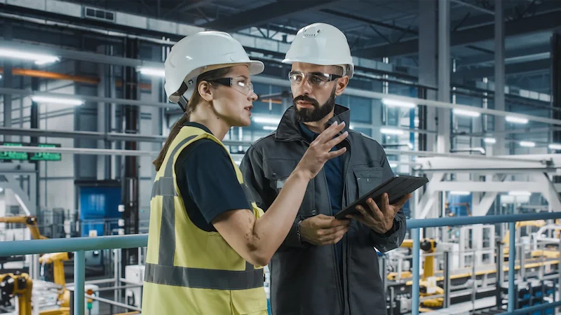 Engineer interacting with a holographic augmented-reality interface in a smart factory with industrial robotic arms