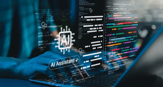 Developer coding on a laptop with an AI assistant interface, microchip icon, and floating code snippets illustrating AI-native software development