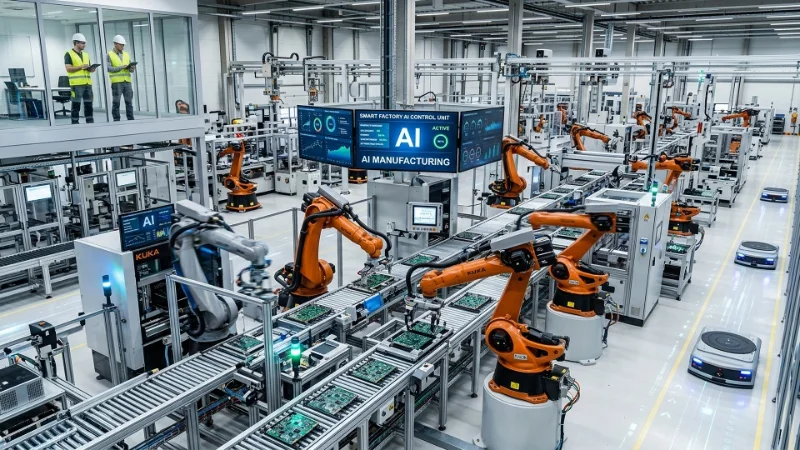 Zwei Ingenieure in einem verglasten Leitstand überwachen eine KI-gesteuerte Smart Factory, in der orangefarbene Roboterarme Leiterplatten auf Förderbändern montieren