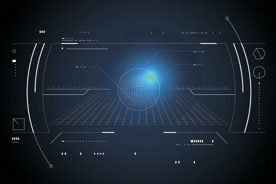 Interfejs futurystyczny z niebieską kulą danych 3D na siatce siatkowej