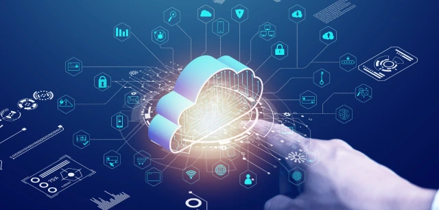 Hand pointing at a cloud icon symbolizing cloud computing and integration with digital technologies